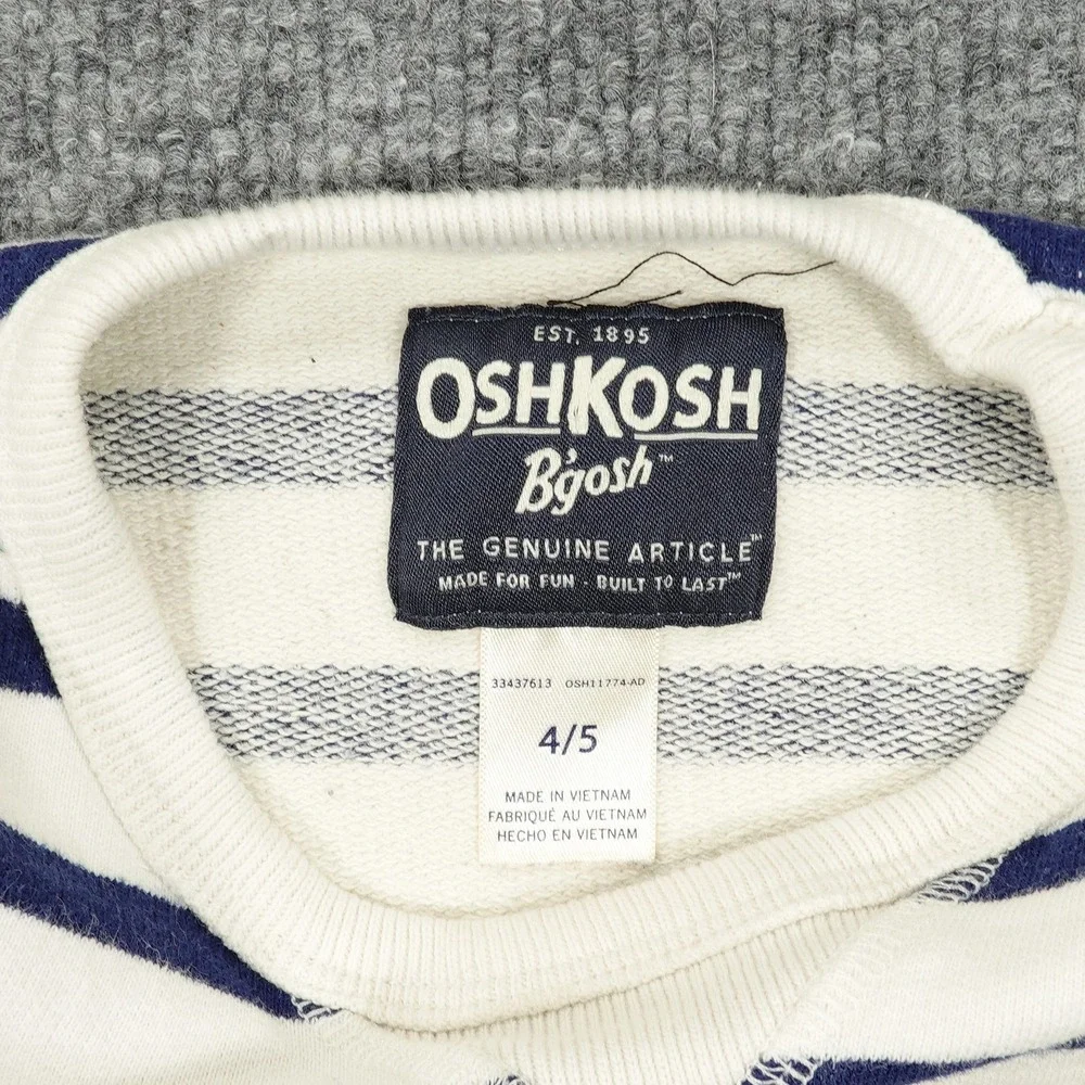 OshKosh B'gosh Sweatshirt Kids 4/5 White Navy Striped Pullover Crewneck Pocket